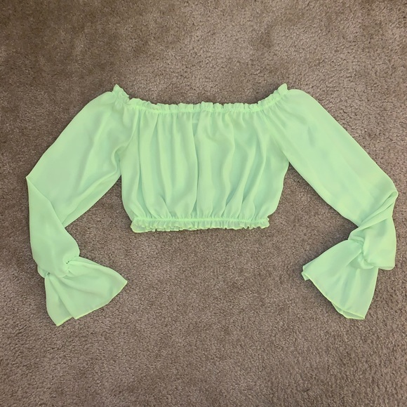Neon Green Off the Shoulder Crop Top - Picture 3 of 5